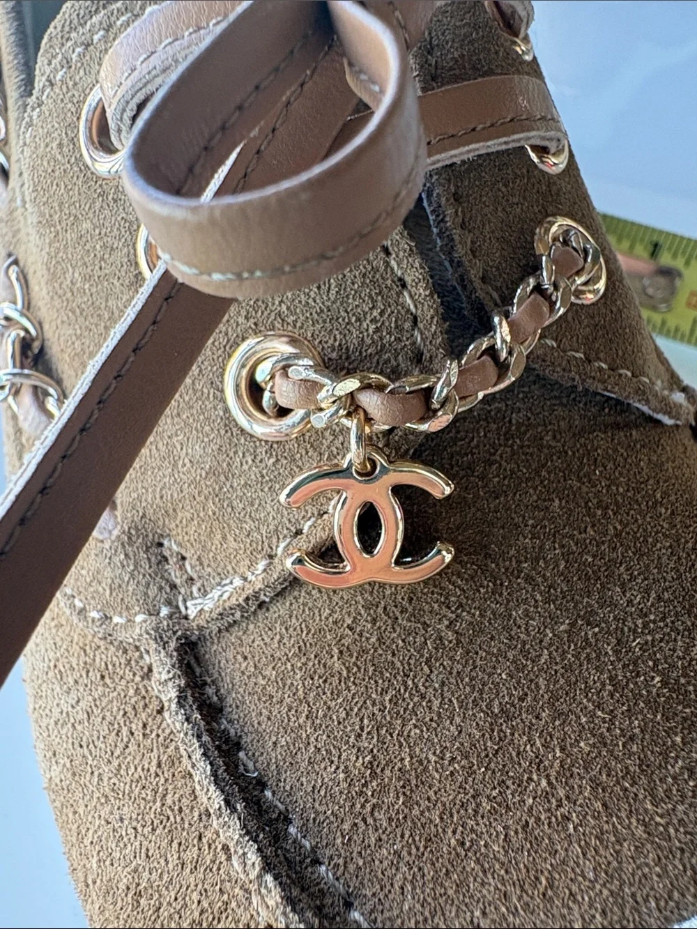CHANEL Brown Suede & White Toe Cap Lace-Up Shoes with Chain Trim